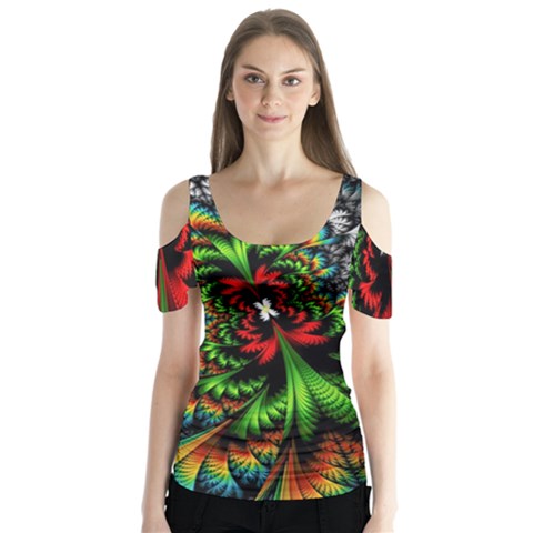 Kaleidoscopic Tropic Butterfly Sleeve Cutout T-shirt  by Grandong