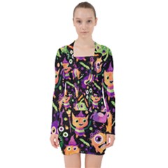 Fun Halloween Monsters V-neck Bodycon Long Sleeve Dress by Grandong