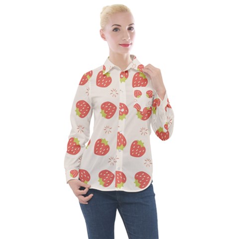 Strawberries Pattern Design Women s Long Sleeve Pocket Shirt by Grandong