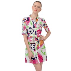 Panda Umbrella Pattern Belted Shirt Dress by Cemarart