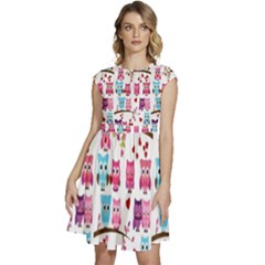 Owl Pattern Cap Sleeve High Waist Dress by Cemarart