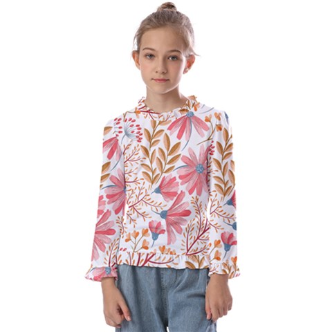 Red Flower Seamless Floral Flora Kids  Frill Detail T-shirt by Cemarart