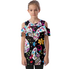 Sugar Skull Black Olorful Flower Fold Over Open Sleeve Top by Cemarart