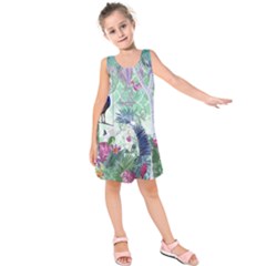 Peacock Parrot Bird Pattern Exotic Summer Green Flower Jungle Paradise Kids  Sleeveless Dress by Cemarart