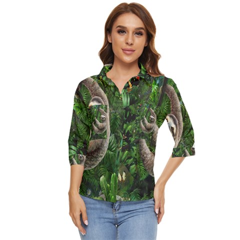 Sloth In Jungle Art Animal Fantasy Women s Quarter Sleeve Pocket Shirt by Cemarart