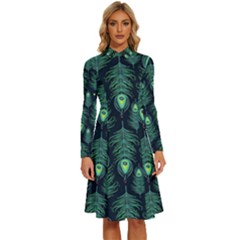 Peacock Pattern Long Sleeve Shirt Collar A-line Dress by Cemarart