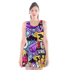 Cartoon Graffiti, Art, Black, Colorful Scoop Neck Skater Dress by nateshop