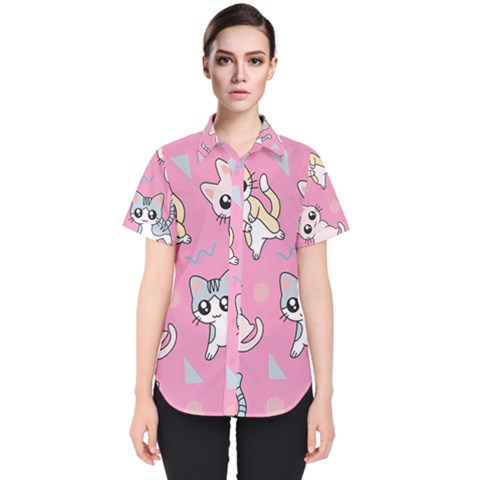 Cute Animal Little Cat Seamless Pattern Women s Short Sleeve Shirt by Cemarart