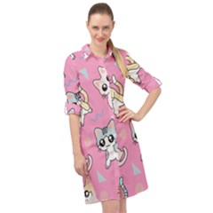 Cute Animal Little Cat Seamless Pattern Long Sleeve Mini Shirt Dress by Cemarart