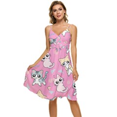 Cute Animal Little Cat Seamless Pattern Sleeveless Tie Front Chiffon Dress by Cemarart