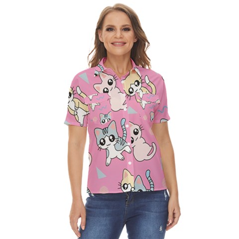 Cute Animal Little Cat Seamless Pattern Women s Short Sleeve Double Pocket Shirt by Cemarart