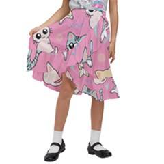 Cute Animal Little Cat Seamless Pattern Kids  Ruffle Flared Wrap Midi Skirt by Cemarart