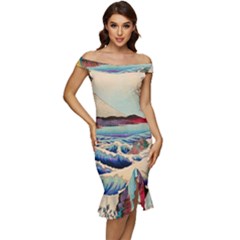 Wave Japanese Mount Fuji Off Shoulder Ruffle Split Hem Bodycon Dress by Grandong