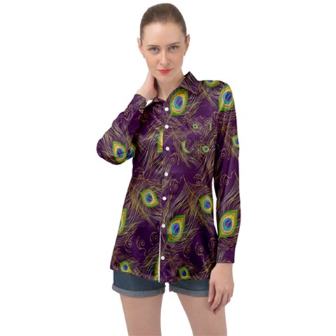 Feathers, Peacock, Patterns, Colorful Long Sleeve Satin Shirt by nateshop