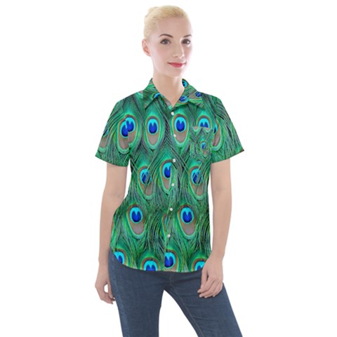 Feather, Bird, Pattern, Peacock, Texture Women s Short Sleeve Pocket Shirt by nateshop