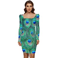 Peacock Feathers, Bonito, Bird, Blue, Colorful, Feathers Women Long Sleeve Ruched Stretch Jersey Dress by nateshop