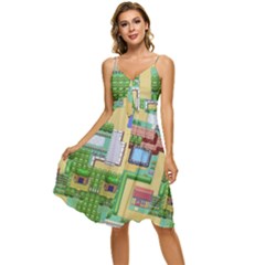 Pixel Map Game Sleeveless Tie Front Chiffon Dress by Cemarart