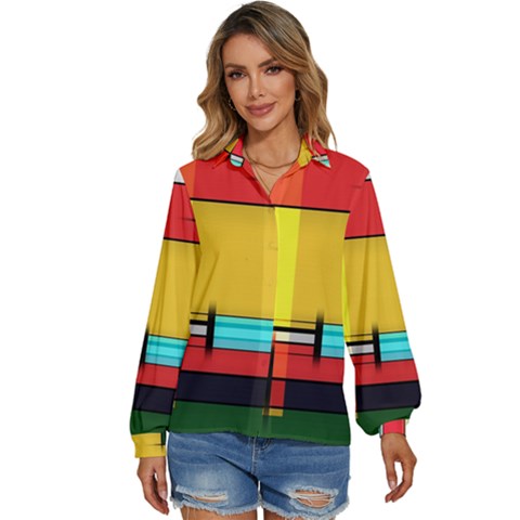 Multicolored Retro Abstraction, Lines Retro Background, Multicolored Mosaic Women s Long Sleeve Button Up Shirt by nateshop