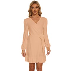 Peach Fuzz 2024 Long Sleeve Waist Tie Ruffle Velvet Dress by dressshop