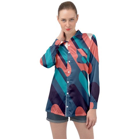 Blue Geometric Background, Abstract Lines Background Long Sleeve Satin Shirt by nateshop