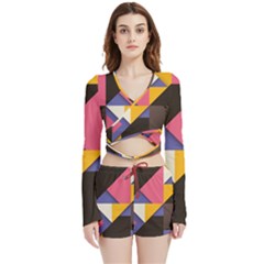 Retro Colorful Background, Geometric Abstraction Velvet Wrap Crop Top And Shorts Set by nateshop