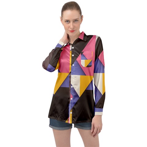 Retro Colorful Background, Geometric Abstraction Long Sleeve Satin Shirt by nateshop