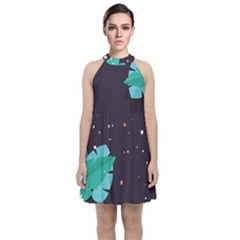 Leaves Flowers Border Frame Floral Velvet Halter Neckline Dress  by Grandong