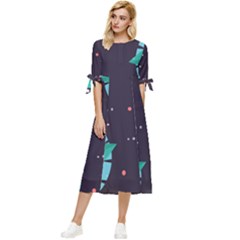 Leaves Flowers Border Frame Floral Bow Sleeve Chiffon Midi Dress by Grandong