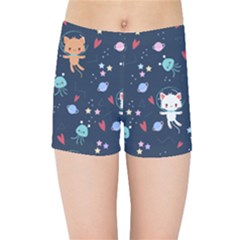 Cute Astronaut Cat With Star Galaxy Elements Seamless Pattern Kids  Sports Shorts by Grandong