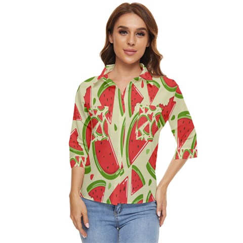 Cute Watermelon Seamless Pattern Women s Quarter Sleeve Pocket Shirt by Grandong