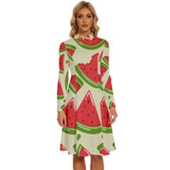 Cute Watermelon Seamless Pattern Long Sleeve Shirt Collar A-line Dress by Grandong