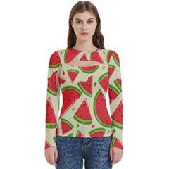 Cute Watermelon Seamless Pattern Women s Cut Out Long Sleeve T-shirt by Grandong