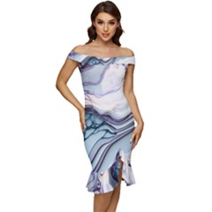 Marble Abstract White Pink Dark Off Shoulder Ruffle Split Hem Bodycon Dress by Grandong