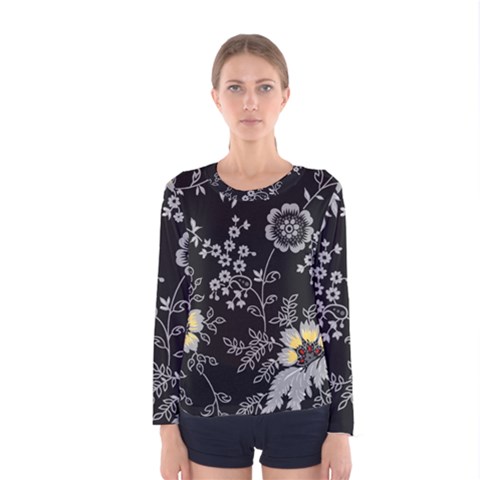 Black Background With Gray Flowers, Floral Black Texture Women s Long Sleeve T-shirt by nateshop