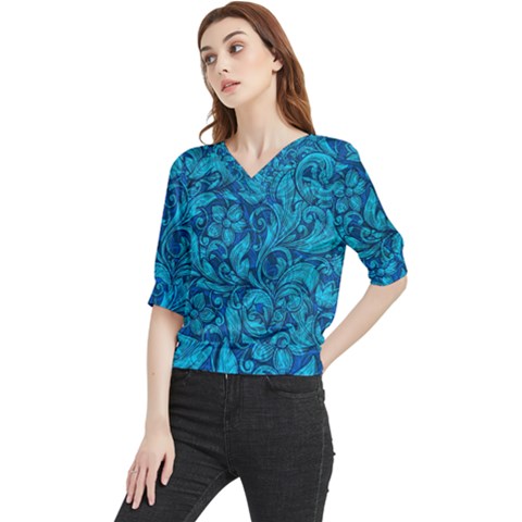 Blue Floral Pattern Texture, Floral Ornaments Texture Quarter Sleeve Blouse by nateshop