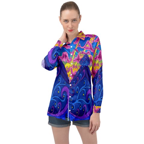 Blue And Purple Mountain Painting Psychedelic Colorful Lines Long Sleeve Satin Shirt by Bedest