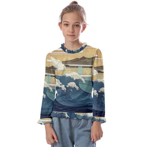 Sea Asia Waves Japanese Art The Great Wave Off Kanagawa Kids  Frill Detail T-shirt by Cemarart