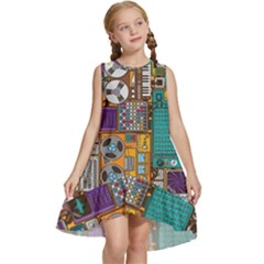 Pattern Design Art Techno  Dj Music Retro Music Device Kids  Frill Swing Dress by Cemarart