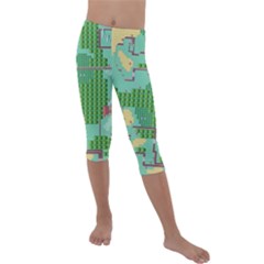 Green Retro Games Pattern Kids  Lightweight Velour Capri Leggings  by Cemarart