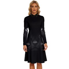 Black Cat Face Long Sleeve Shirt Collar A-line Dress by Cemarart