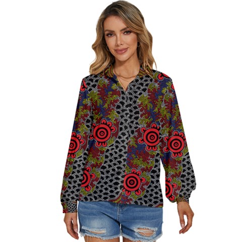 Authentic Aboriginal Art - Gathering 2 Women s Long Sleeve Button Up Shirt by hogartharts