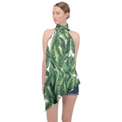 Green Banana Leaves Halter Asymmetric Satin Top by goljakoff