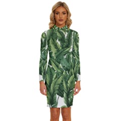 Green Banana Leaves Long Sleeve Shirt Collar Bodycon Dress by goljakoff