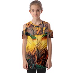 City Light Sky Landmark Painting Fold Over Open Sleeve Top by Cemarart