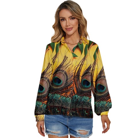 Sunset Illustration Water Night Sun Landscape Grass Clouds Painting Digital Art Drawing Women s Long Sleeve Button Up Shirt by Cemarart