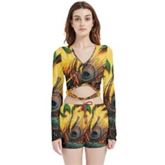 City Lights Sky Landmark Painting Velvet Wrap Crop Top And Shorts Set by Cemarart