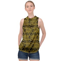 Yellow Floral Pattern Floral Greek Ornaments High Neck Satin Top by nateshop