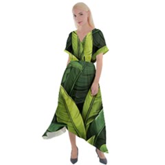 Banana Leaves Pattern Cross Front Sharkbite Hem Maxi Dress by goljakoff