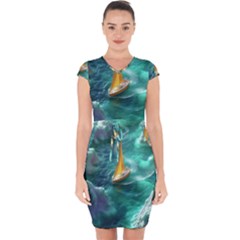 Dolphins Sea Ocean Capsleeve Drawstring Dress  by Cemarart