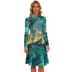 Dolphin Sea Ocean Long Sleeve Shirt Collar A-line Dress by Cemarart